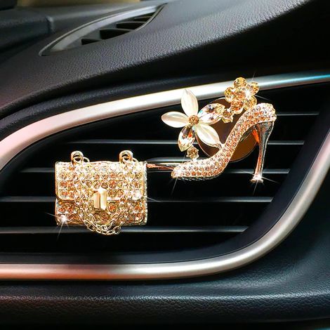 Set di 2 clip decorative per bocchette di ventilazione a forma di tacchi alti e borse, decorate con strass. Un accessorio ideale per decorare gli interni della tua auto (per ragazze e donne).
