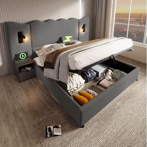 Cama Baúl 160x200 Cm Cabecero Tapizado Y Lámpara Lectura USB (1/5)