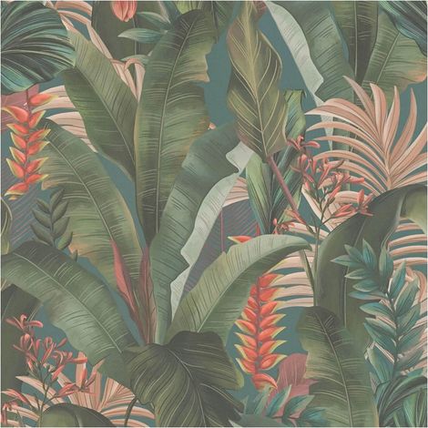 Flowers wallcovering wall Profhome 394352 hot embossed non-woven wallpaper slightly textured with jungle elements matt blue teal green salmon pink 5.33 m2 (1/4)
