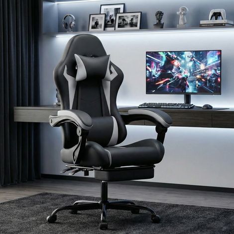 MEUBLIV Silla gaming 66x78x127 cm negro y blanco con respaldo reclinable y reposapiés (1/5)
