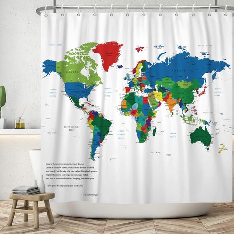 CCYKXA 180x200 cm Weltkarte Duschvorhang Moderne Einfachheit Bunte Weltkarte Weiß Waschbarer Textil Wasserdichter Badvorhang für Badewanne mit