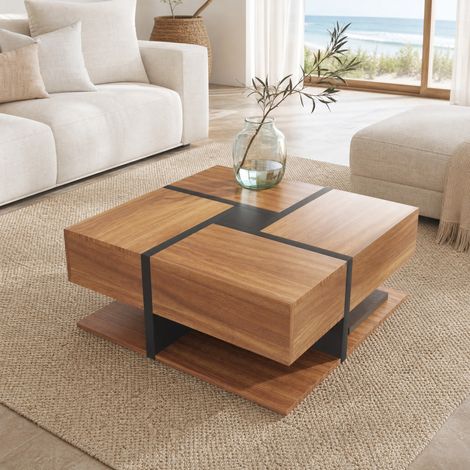 Table basse carrée 78 x 78 x 36 cm avec 4 tiroirs et étagère basse, bois et noir DESVIAE (1/5)