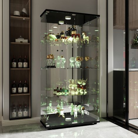 Vitrine en verre trempé 4 étagères –Armoire de Collection Moderne en Verre – Éclairage d'ambiance réglable – Serrure de sécurité – Dimensions 80.5x36.5x164 cm –noir