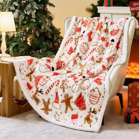 Plaid de Noël Sherpa 130 × 150 cm, Couverture Douce et Chaude Motif Pain d’Épices, Jeté Décoratif pour Canapé, Chambre et Salon (1/5)