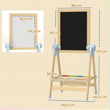 Caballete infantil de doble cara en madera, pizarra negra y blanca regulable, natural OKMYHOME (1/5)