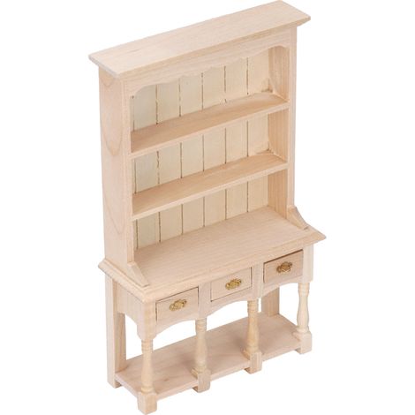 Meuble bibliothèque miniature 1:12 en bois brut pour maison de poupée, armoire à trois niveaux avec tiroir, étagère de bureau non peinte à décorer soi-même (1/5)