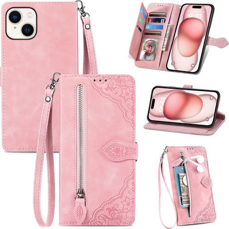 Handyhülle kompatibel mit iPhone – Pinkfarbene Leder-Klapphülle mit geprägtem Kartenfach. Kompatibel mit iPhone 11 Pro Max. (1/5)