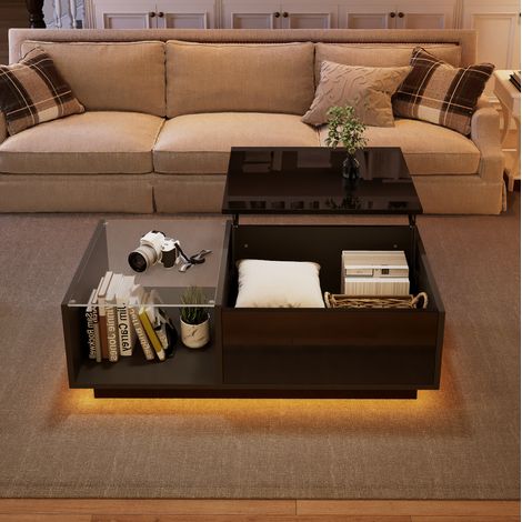 Table basse LED relevable avec rangement caché et étagère, 100 x 50 x 33-46,5 cm, noir DESVIAE (1/5)