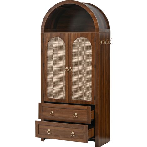 Credenza vintage ad arco con intreccio in rattan, 2 cassetti, 80x40x180 cm, noce (1/5)