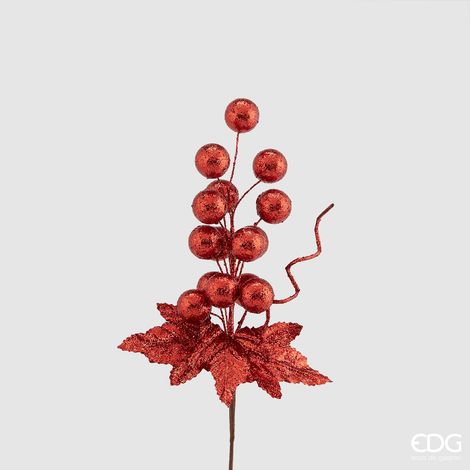 EDG Enzo De Gasperi Ramo Bacche Glitterate Pick Natalizio H 30 Cm Rosso
