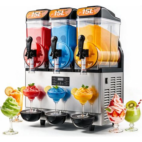 Fraîcheur Continue Machine à Granité 3x15 L Distributeur Boisson Glacée Inox avec Mode Nuit pour Granitas Smoothies Margaritas (1/5)
