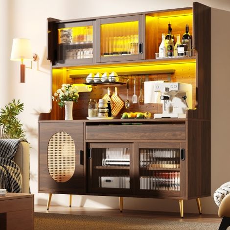 Credenza da cucina in stile rustico - 145 x 39 x 171 cm - con 5 ante + LED + pannello contenitore + cassetto - MDF - marrone
