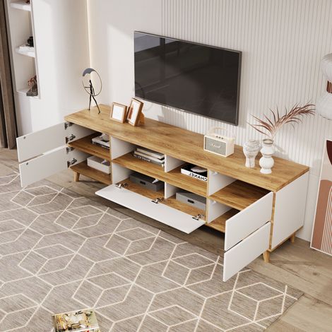 Mobile TV in legno bianco con vani portaoggetti, ante e gambe in legno (1/5)