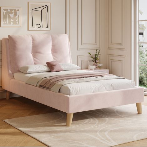 Lit capitonné rose en velours 90x200 cm avec tête de lit réglable et sommier à lattes (1/5)