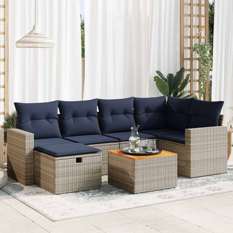 Ensemble de salon de jardin 7 places en résine tressée gris avec coussins marins, table et coffre de rangement (1/5)