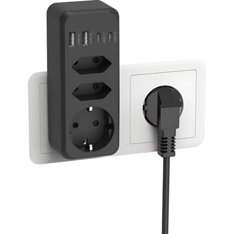 Multiprise 3 prises 4 ports USB (2A+2C), protection surtension, montage mural, design compact, noir (1/5)