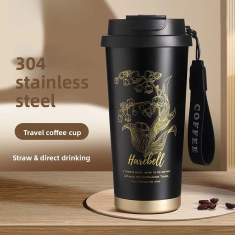 (Noir, 500 ml) Mug isotherme en acier inoxydable avec paille et double couvercle étanche, idéal pour le bureau, la voiture et les voyages. (1/5)