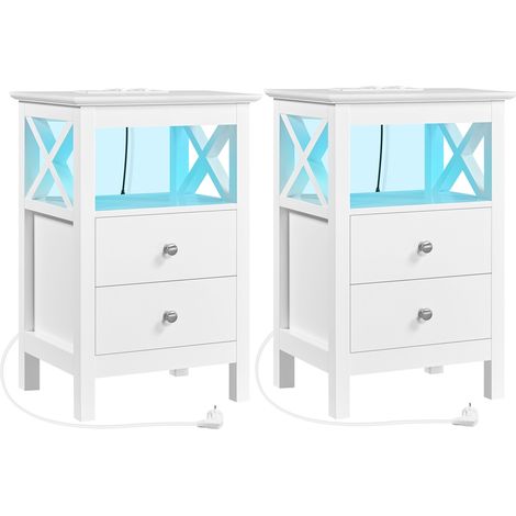 Homevive 2X Mesitas de Noche con Luces LED y Estación de Carga 2 Tomas AC 2 Puertos USB Mesillas de Noche con 2 Cajones y Estante Mueble de Noche Blanca 40x30x60 cm (1/5)