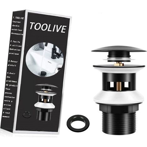 Bonde de Lavabo avec Trop-plein Noir Mat. Universelle G1 1/4" Laiton Valve Pop-up Bonde de Vidage pour lavabo. Clic-clac. Installation Sans Outil (Pas de fuite d'eau. Pas de rouille）-toolive (1/5)