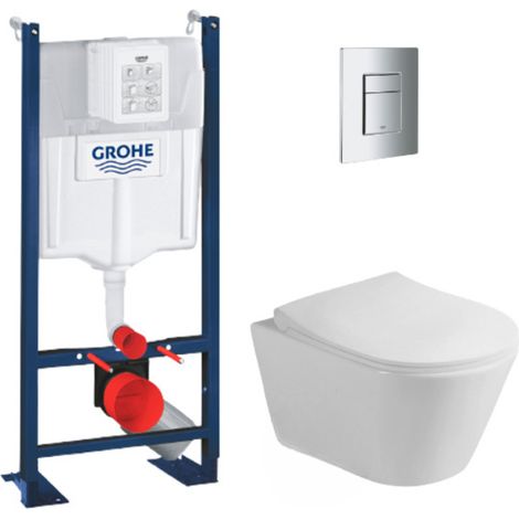 Grohe Pack WC Bâti-support autoportant + WC sans bride Lucco Avva + Abattant softclose + Plaque Chrome (ProjectAvva-1) (1/5)