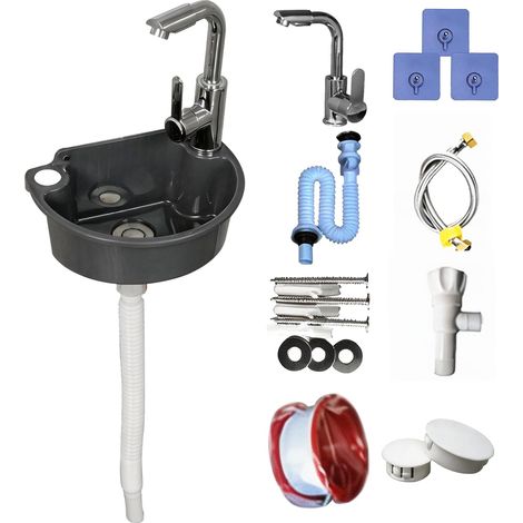 Wall Mounted Plastic Washbasin with Mixer Tap, Complete Kit with Drainage and Supply Pipes Compact Washbasin for Bathroom, Garden, Camping (Grey) (1/5)