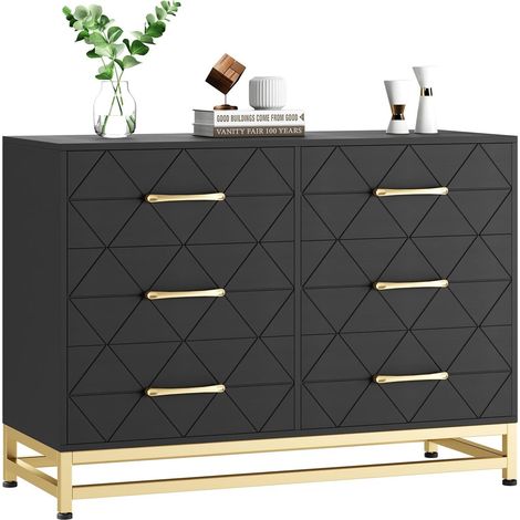Commode Noire 6 Tiroirs - Poignées Dorées et Pieds Métal - Meuble TV et Rangement - 100 x 48 x 73 cm (1/5)