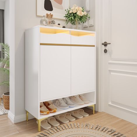 Meuble à chaussures moderne blanc 80x35x105 cm avec LED 16 couleurs, tiroirs, FloraGrace (1/5)