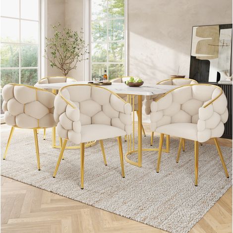 Juego de comedor de 7 piezas, 140x80x75 cm, con 6 sillas, terciopelo, MDF y metal, beige, dorado y blanco (1/5)