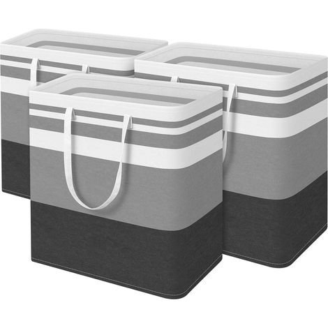 Trois grands paniers à linge pliables de 100 L avec poignées, gris, parfaits pour la buanderie et la chambre. (1/5)