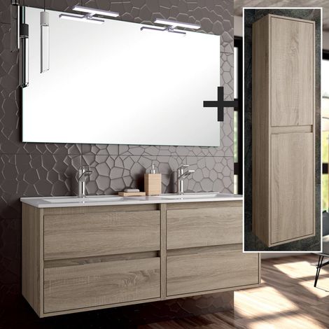 Ensemble meuble de salle de bain 120cm double vasque + colonne de rangement - cambrian (chêne clair) - IRIS (1/5)