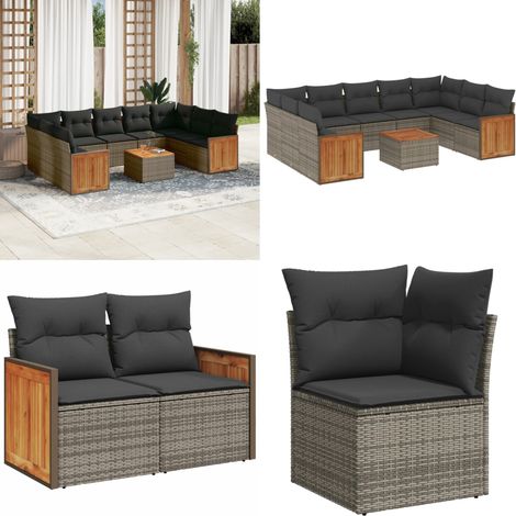 10-tlg. Garten-Sofagarnitur mit Kissen Grau Poly Rattan - Gartenmöbel Set - Rattan Möbel - Outdoor Lounge - Esstisch - Sofas - Home & Living (1/5)