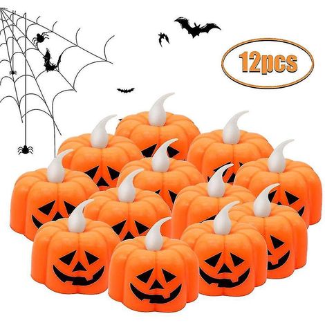 Set mit 12 flammenlosen Kürbis-Teelichtern, batteriebetrieben, LED, orangefarbene Laternen für Halloween-Dekorationen, Gastgeschenke bei Hochzeiten, warmes Licht
