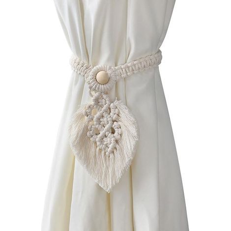 Lot de 2 supports de cravates de rideau bohème, fabriqués à la main, en corde de coton tissées à la main, blanc cassé (1/5)