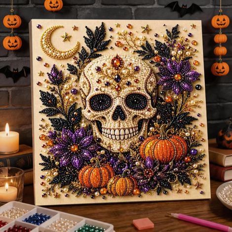 Halloween DIY 3D Diamond Painting Wall Art Kit 20x20cm, Skull Moon Pumpkin Floral Crystal Rhinestone Decor with Frame and Tools (1/5)