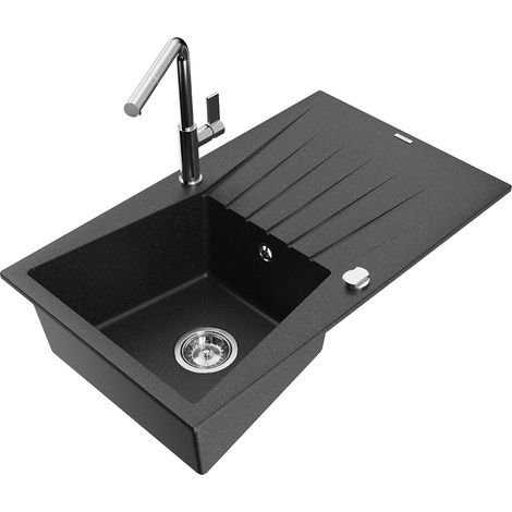 Mexen Cesar 1 Becken-Granitspüle mit Abtropffläche und Mischbatterie Flora, Schwarz/Silbermetallic -