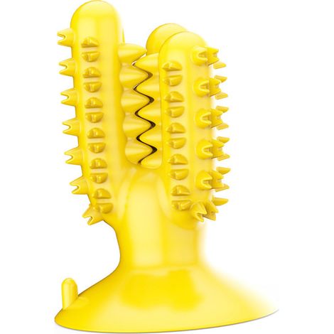 Brosse à dents pour chien, jouet distributeur de nourriture interactif en TPR sûr, pour le nettoyage des dents, à utiliser au sol ou au mur (jaune). (1/4)