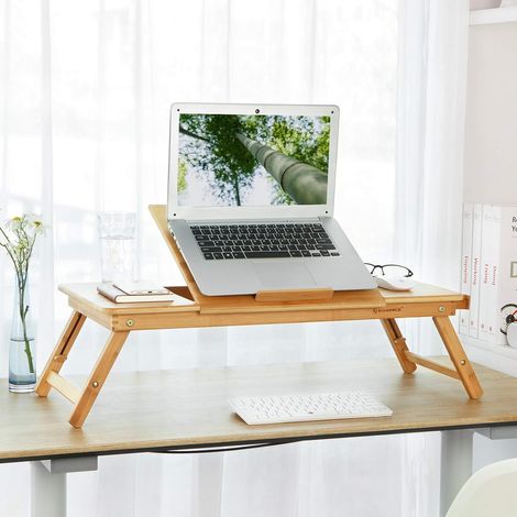 SONGMICS Tavolino Pc in Bambù, Tavolino da Letto Pieghevole, per Mancini e Destrimani, Vassoio Colazione con Altezza Regolabile, 72 x (21-29) x 35 cm , 5 Inclinazioni, Cassetto Piccolo (1/5)