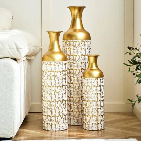 Ensemble de 3 grands vases de sol, dorés et blancs (50/66/85 cm) - Grands vases décoratifs à motif floral, pots en métal pour la décoration du salon, de l'intérieur et du jardin. (1/5)