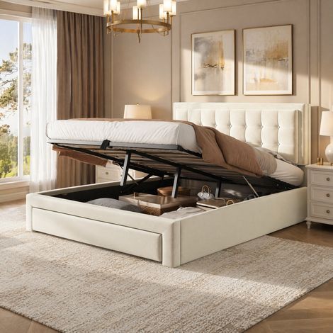Letto contenitore 140x200 con rete a doghe e testiera regolabile, velluto beige HAVRYA (1/5)