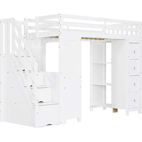 Cama alta infantil multifunción con escritorio, almacenaje y estantes, 90 x 200 cm, blanco (1/5)