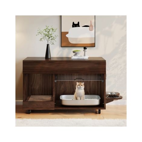 Meuble mobile pour litière (meuble toilettes pour chat) – avec gamelles, bac à sable, panneau perforé avec crochets, sans bac à litière, 100 × 45,5 × 67 cm, couleur noyer