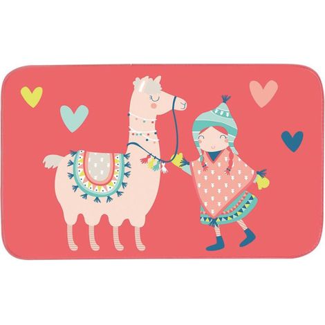 Tapis en Velours "Happy Lama" 45x75cm Corail