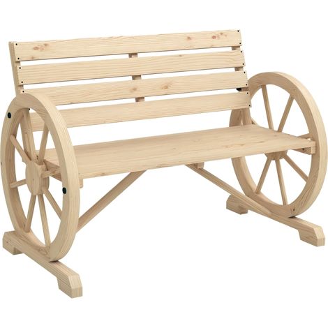 Banc de jardin, motif roue de chariot, pour 2 personnes, bois naturel, brun foncé, 105,5 x 56 x 79 cm, naturel (1/3)