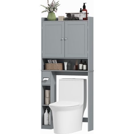 Meuble WC dessus de toilette ou machine à laver, 2 portes, 3 compartiments, porte-papier toilette, 80x19,5x170cm, gris (1/5)