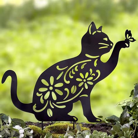 Décoration de jardin en forme de chat poursuivant un papillon, piquet en métal noir pour aménagement paysager (1/5)