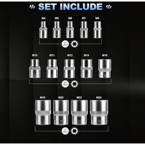 Coffret Douille Torx Femelle 1/4" 3/8" 1/2", Douille de Profilés E Torx E4, E5, E6, E7, E8, E10, E11, E12, E14, E16, E18, E20, E22, E24 avec Boîte No (1/3)