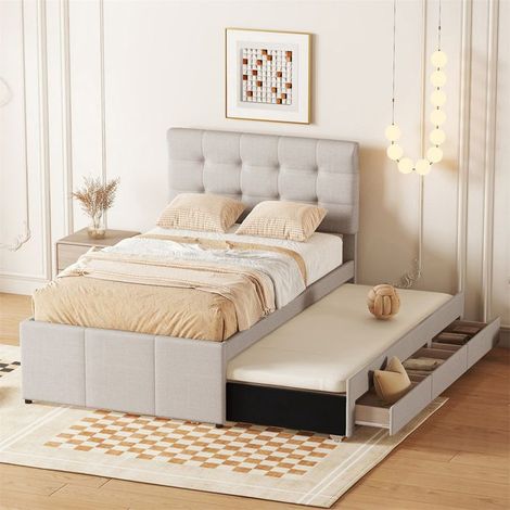 Lit rembourré 90x200 cm beige avec 3 tiroirs et lit gigogne coulissant – tête de lit réglable, sans matelas