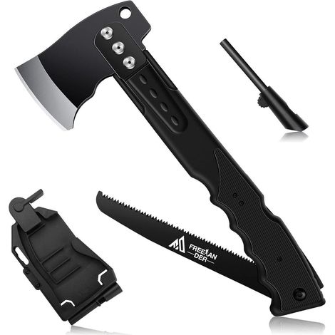 Camping Axt 5-in-1 mit Säge, Beil mit Scheide und Feuerstein, Outdoor Werkzeug (1/5)