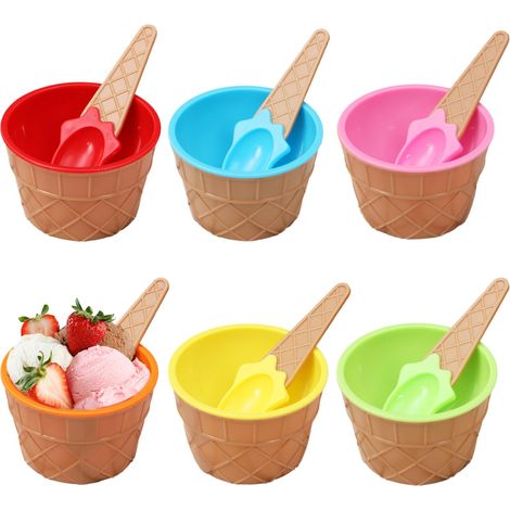 Lot de 6 bols à crème glacée colorés avec cuillères en plastique épais pour la famille, le camping, les fêtes (1/5)