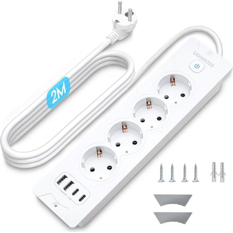 Prise escamotable à 4 prises, avec 2 ports USB-C + 2 USB-A (PD 30 W), 16 A/3680 W, prise de table avec parasurtenseur et interrupteur d'économie d'énergie, câble de 2 m pour bureau et cuisine, blanc (1/5)